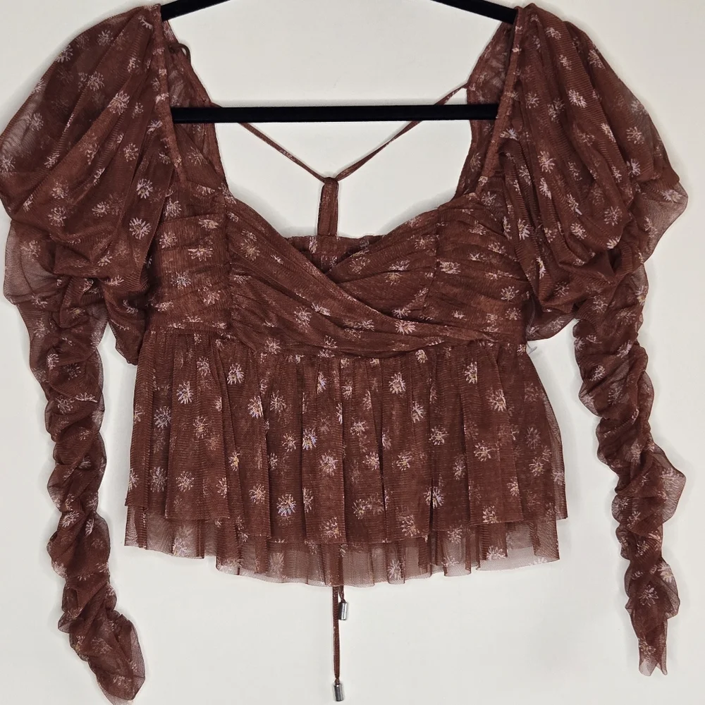 FREE PEOPLE Mesh Puff Long Sleeve Daisy Floral Tie Back Sweetheart Neckline Top